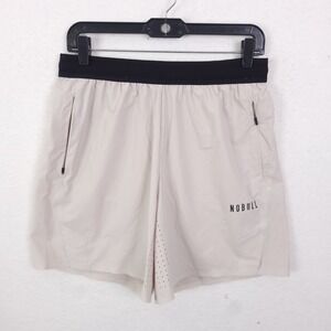 NOBULL Training Shorts Mens M Sand Beige High Rise Zipper Pockets 5" Inseam